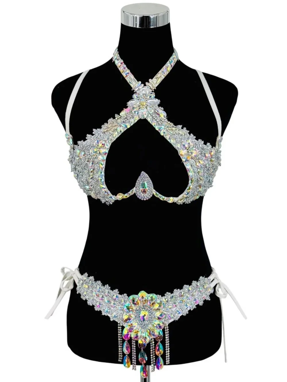 Silver Crystal Rhinestone Bra & Belt Set | Samba Coachella Rave Festival Dancer - Picture 13 of 13